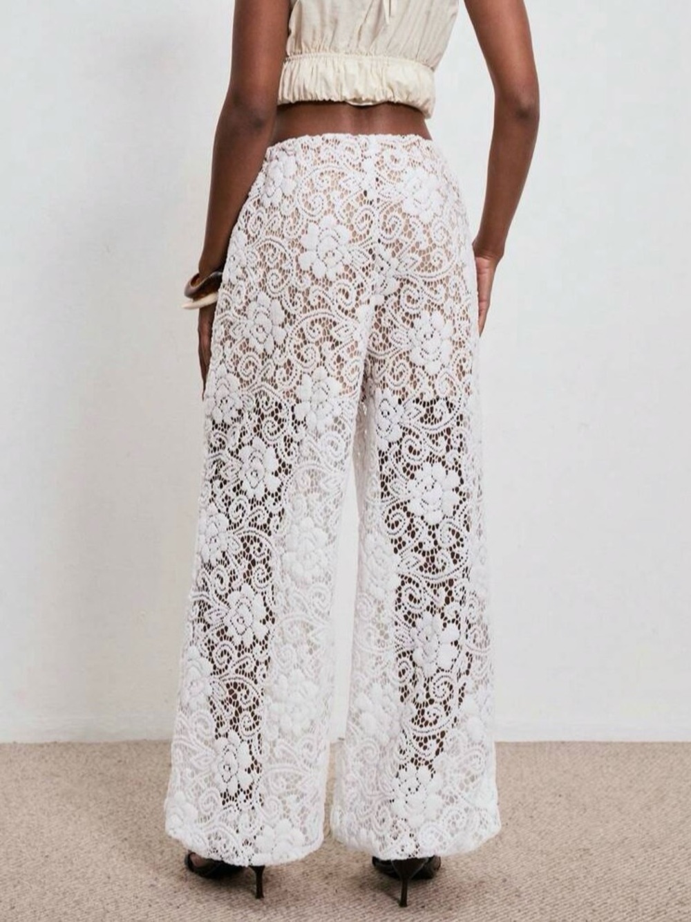 ✨ Lace Semi-Sheer Long Pant- Elegant Flowy Palazzo✨ - Picture 5 of 6